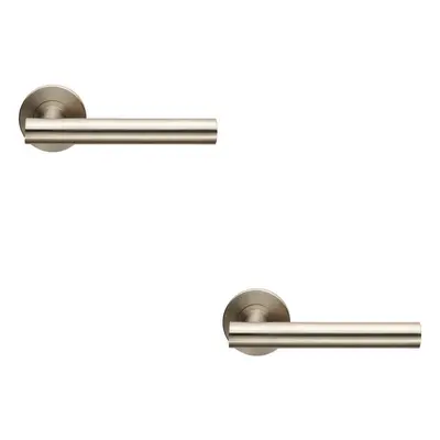 2x PAIR Straight Round T Bar Lever on Slim Round Rose Concealed Fix Satin Steel