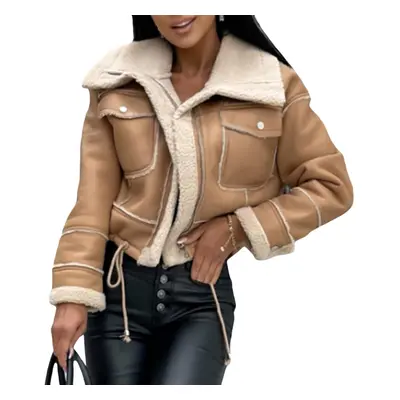 (Small, Brown) Women Faux Fur Collar Suede Leather Short Jackets Lined Zipper Bomber Motorcycle 