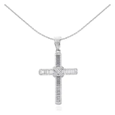 Jewelco London Unisex Rhodium Plated Sterling Silver Baguette CZ Kiss Wrap Shimmering Cross Pend