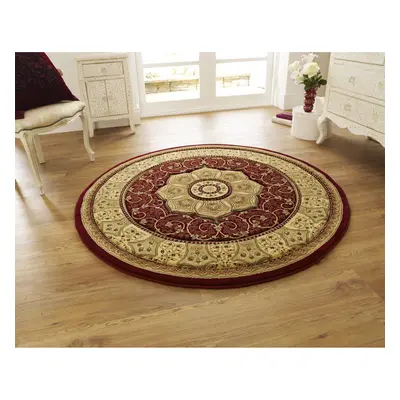 (Red, 150cm Circle) Heritage Classic Floral Swirl Pattern Rug Wool Look Pile Home Mat