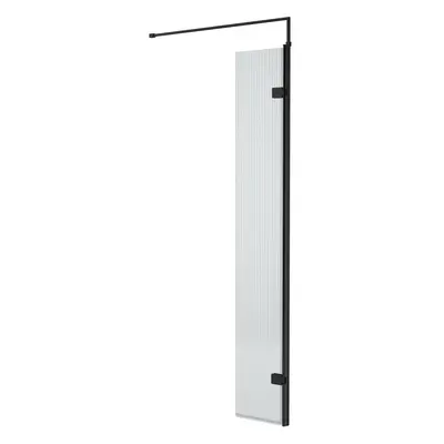 Fluted 8mm Toughened Safety Glass Hinged Return Screen with Support Bar, Black - 300mm