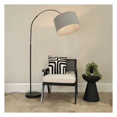 ValueLights Louis Black Arched Floor Lamp with Grey Shade & Bulb