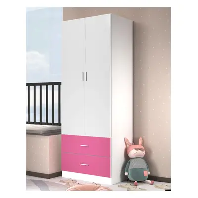 (White Carcass + Pink Drawers) Wooden Door Drawer Kids Wardrobe Hanging Bar