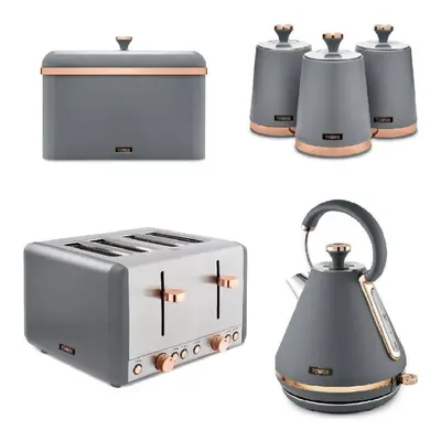 Tower Grey Cavaletto Pyramid Kettle, Slice Toaster, Bread Bin & Canisters