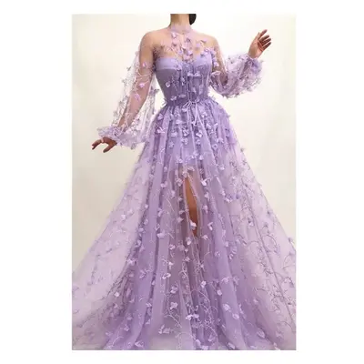 Womens 3D Flower Embroidered Mesh Tulle Dress Party Night Nightclub Purple Gauze Evening Prom Dr