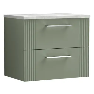 Retro Drawer Wall Hung Vanity Unit with Bellato Grey Laminate Worktop - 600mm - Satin Green - Ba