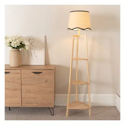 ValueLights Hiru Black Trim Scallop Shade Tier Wood Floor Lamp & Bulb