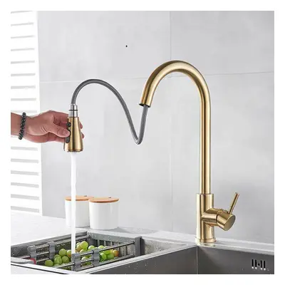 Brushed Gold Hot Cold Kitchen Sink Faucets Brass Rotation Single Lever Pull Out Mixers Tap