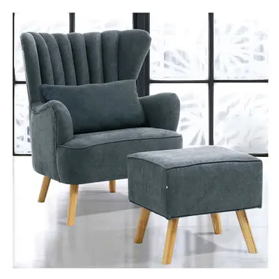 Mid-century Style Grey Faux Wool Upholstered Armchair with Footstool and Soft Waist Cushion, Hig