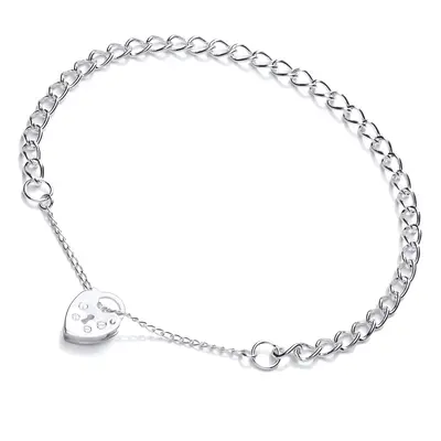 Jewelco London Ladies Sterling Silver Curb Link Love Heart Padlock Charm Bracelet 4mm - GVB410