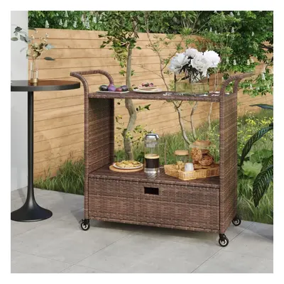 vidaXL Bar Cart with Drawer Brown Poly Rattan Serving Trolley Kitchen Cart