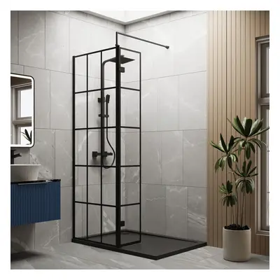 8mm Glass Walk In Wetroom Screen and Hinged Return Black Framed Design and Grey Shower Tray - x 