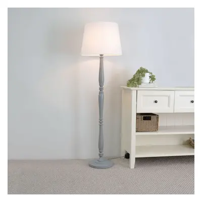 ValueLights Victoria White Tapered Shade Grey Wood Floor Lamp & Bulb