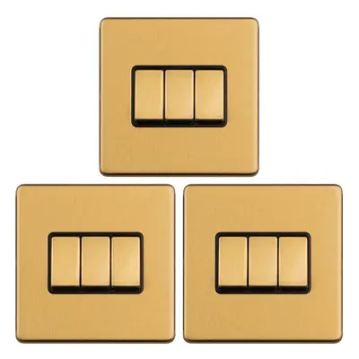 3 PACK Gang Triple Light Switch SCREWLESS SATIN BRASS Way 10A Slim Rocker