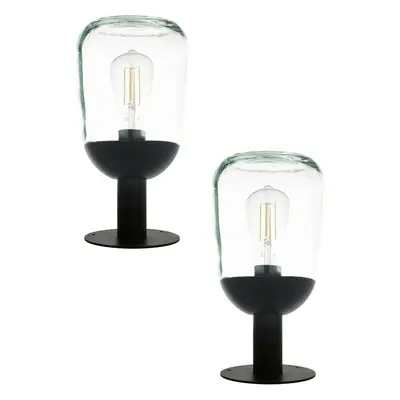 2 PACK IP44 Outdoor Pedestal Light Black Aluminium & Glass 60W E27 Wall Post