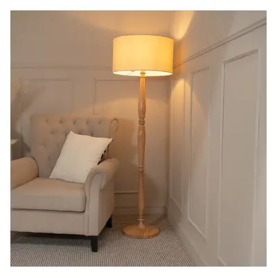 ValueLights Victoria Natural Drum Shade Light Wood Stem Floor Lamp