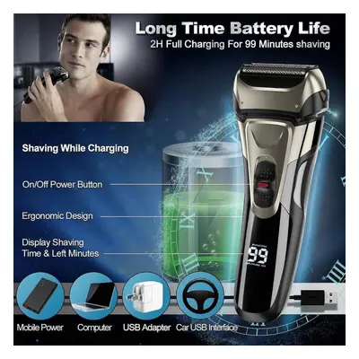 Men's Electric Shaver Waterproof Facial Wireless Rechargeable With Led Pop-up Trimmer