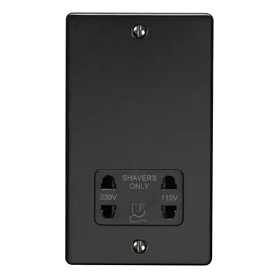 230v & 115v Shaver Twin Socket Wall Plate MATT BLACK & Black Trim 86mm x 146mm