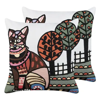 Set of Embroidered Cotton Cushions Cat Motif x cm Multicolour MEHSANA