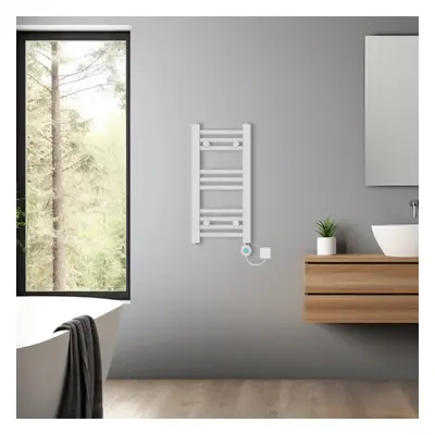 (White, 600x300mm) Bathroom Prefilled Electric Heated Towel Rail Straight Radiator Thermo Smart 