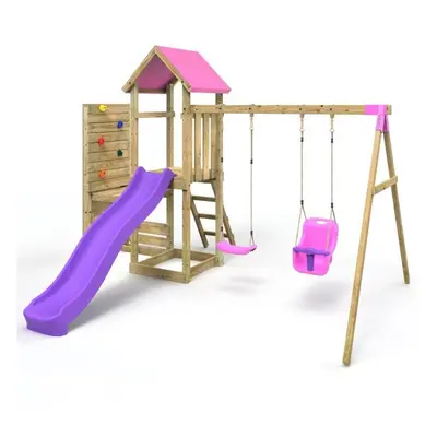 (Rainier+ Pink) Rebo Wooden Climbing Frame with Vertical Rock Wall, Swing Set and Slide