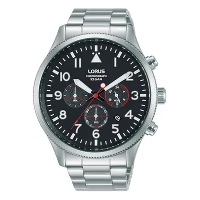 Mens Aviator Chronograph Watch with Stainless Steel Strap & Black Dial