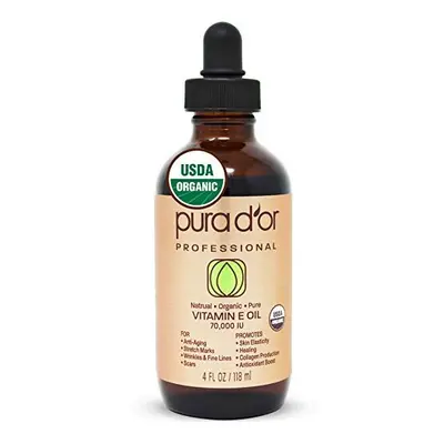 PURA D'OR Organic Vitamin E Oil (4oz / 118mL) 70,000 IU 100% Pure Natural USDA Organic For Skin 