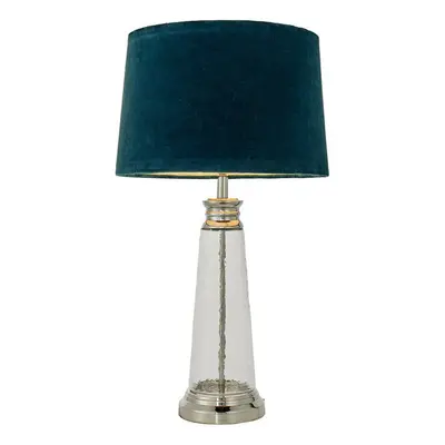 Luxury Table Lamp Textured Hammered Clear Glass & Teal Velvet Fabric Shade Light