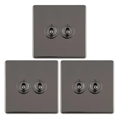 3 PACK Gang Double Retro Toggle Light Switch SCREWLESS BLACK NICKEL 10A Way