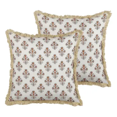 Set of Cotton Cushions Flower Pattern x cm White OMORIKA