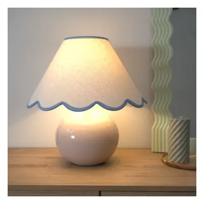 ValueLights Bosco Stone Ceramic Table Lamp and Blue Trim Scallop Shade