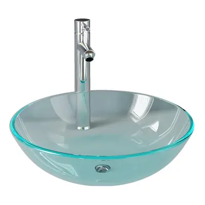 vidaXL Bathroom Sink with Tap and Push Drain Clear Tempered Glass Wash Basin