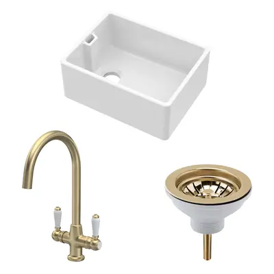 Fireclay Kitchen Bundle - Single Bowl Belfast Sink, Strainer Waste & Mono Lever Tap, 595mm - Bru