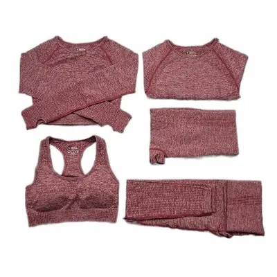 (Wine Red, 5Pcs Set) Women Seamless Yoga Set Gym SportWear Running Outwork Fitness Long SLeeve H