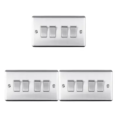 3 PACK Gang Quad Metal Light Switch SATIN STEEL Way 10A White Trim