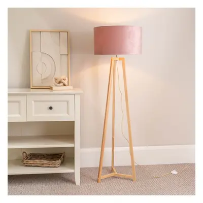 ValueLights Lottie Blush Velvet Shade Natural Wood Tripod Floor Lamp