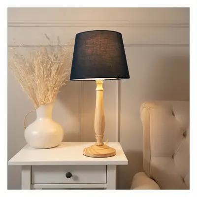 ValueLights Victoria Black Tapered Shade with Light Wood Table Lamp