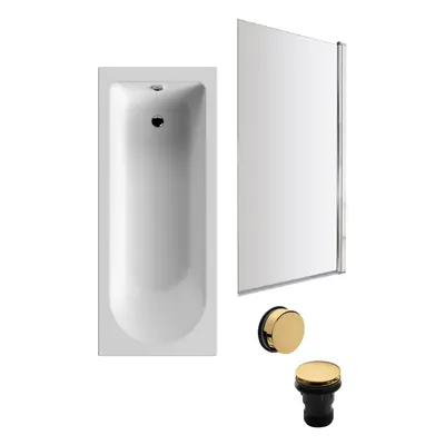 Round Single Ended Bath, Square Chrome Bath Screen, Brushed Brass Waste -1700x700mm