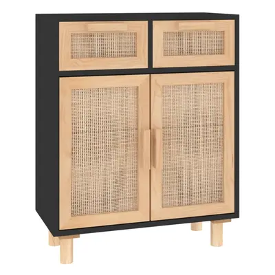 (black) vidaXL Sideboard Storage Cabinet Cupboard Solid Wood Pine and Natural Rattan