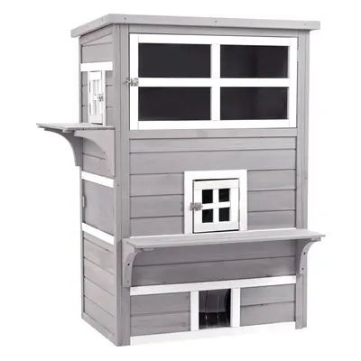 PawHut 3-Tier Wooden Kitten Shelter for Indoor, Outdoor - Grey