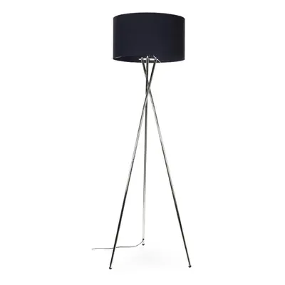 Modern Brushed Chrome Metal Tripod Floor Lamp with a Navy Blue Cylinder Shade - Complete with a 