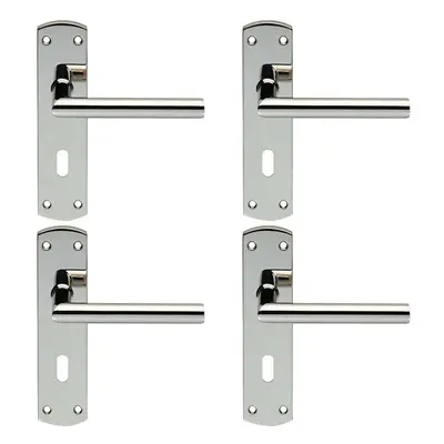 4x Mitred Lever Door Handle on Lock Backplate x 44mm Polished Steel