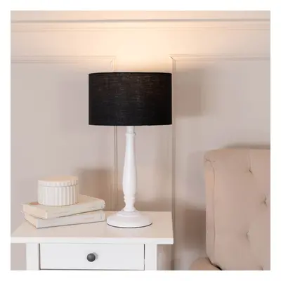 ValueLights Victoria Black Drum Shade White Wood Stem Table Lamp