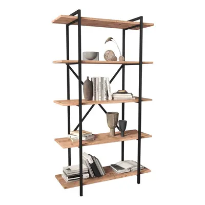 (Pine) 5-Tier Wooden Bookshelf With Metal Frame