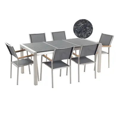 6 Seater Dining Set Black Basalt Top Grey Chairs GROSSETO