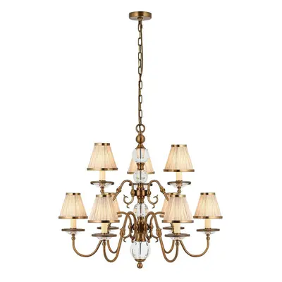 Flemish Ceiling Pendant Chandelier Antique Brass & Beige Shades Lamp Light