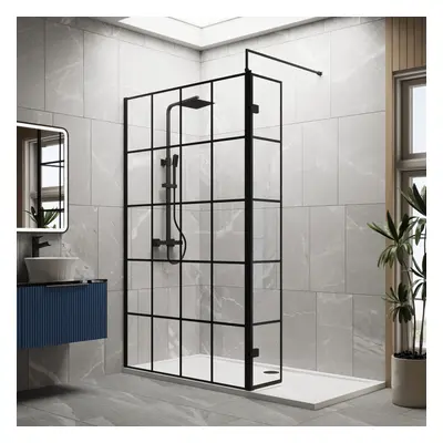 8mm Glass Walk In Wetroom Screen and Hinged Return Screen with Black Framed Design and Shower Tr