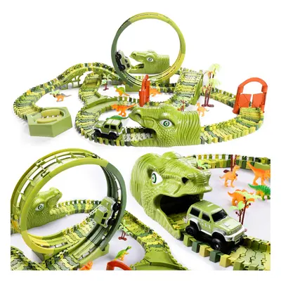 burgkidz Dinosaur Race Tracks Play Vehicles Toys Set, Pcs Flexible Dinos Train Tracks with Loop 