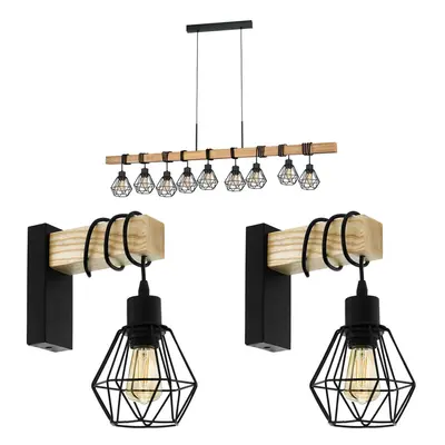 9 Bulb Ceiling Pendant & 2x Matching Wall Lights Black Cage & Wood Trendy Lamp