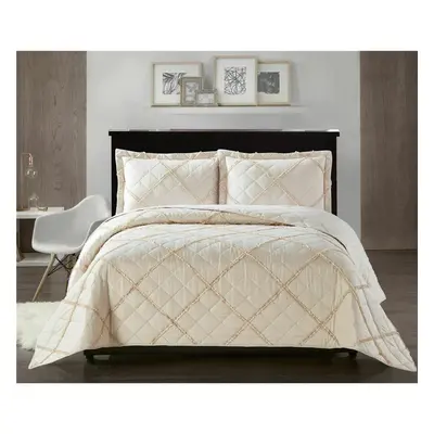 (Beige, King) Ruffle Embossed Quilted Bedspread Bed Throw Single Double King Size Bedding Set